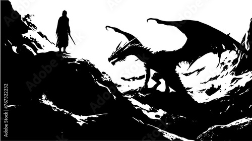 Mythical Dragon Scene Vector Illustration in Black
