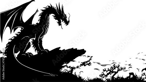 Mythical Dragon Scene Vector Illustration in Black
