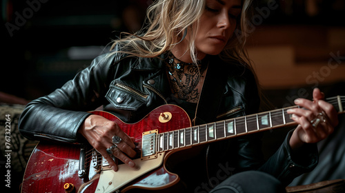 Woman playing an electric guitar, focused and wearing a leather jacket.