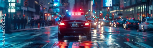 Flashing lights of a police car signaling its presence during a city check