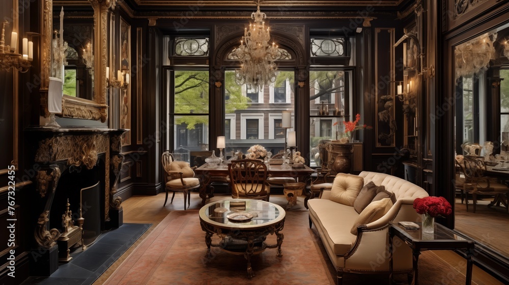 Historic urban brownstone parlor room with floor-to-ceiling windows wood-burning fireplace antique mirrored walls and gilded accents.