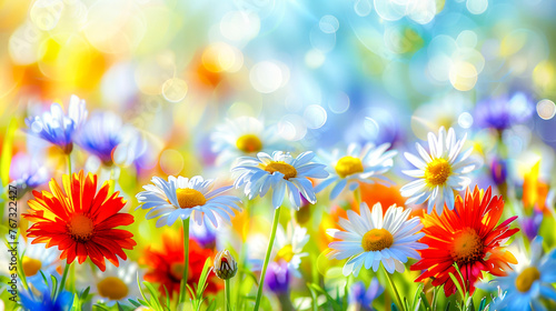 A field of flowers with a bright blue sky in the background. Colorful Daisy Meadow