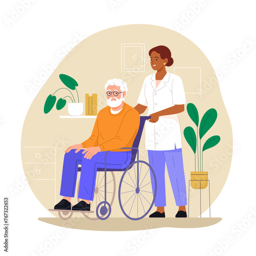 Disabled seniors support. Vector illustration in flat cartoon style of senior bearded man in a wheelchair and a nurse helping him. Isolated on abstract interior background.