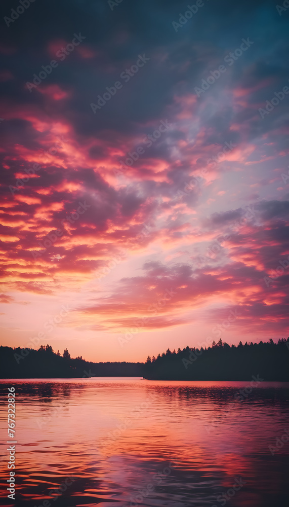 Vibrant sunset over tranquil lake with silhouette of forest skyline.