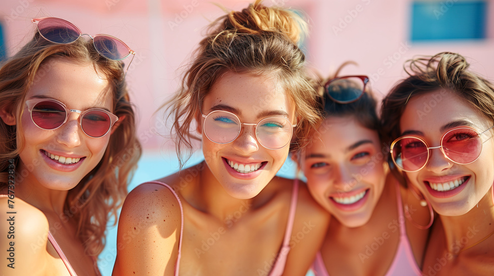 Four joyful young women with sunglasses smiling together, embodying friendship and happiness on a sunny day. Four joyful young women with sunglasses smiling together, embodying friendship and happiness on a sunny day.