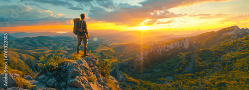 Adventurous man admiring nature from cliff top at sunset in summer mountains
