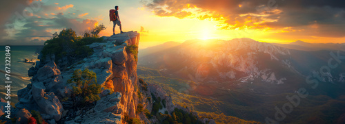 Adventure Seeker: Man Embracing Nature's Beauty on Cliff at Sunset in Summer Mountains
