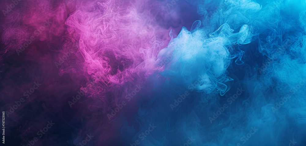 Vibrant cyan and fuchsia mist enveloping a landscape of mystery, shrouding it in a veil of intrigue. Copy space on blank labels.
