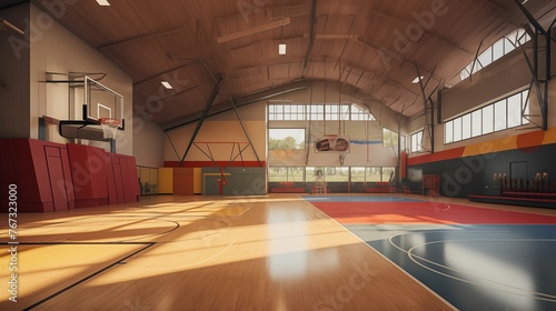 Indoor sports complex with basketball courts climbing walls and locker rooms.