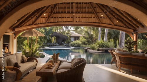 Indoor/outdoor Balinese pool pavilion with soaring thatched ceilings seamless indoor/outdoor living areas and tropical landscaping.