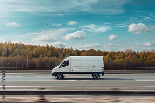 A white delivery van speeds down a highway transporting small shipments for a business distribution service on a sunny day. Concept Delivery van, highway, business distribution, transportation