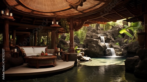 Indoor/outdoor Balinese style living pavilion with soaring thatched ceilings carved wood columns flowing voile curtains and koi pond water feature.