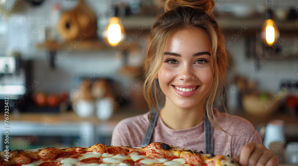 Smiling woman presenting a freshly baked pizza in a cozy kitchen setting. Smiling woman presenting a freshly baked pizza in a cozy kitchen setting.