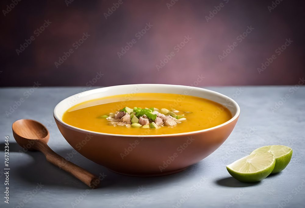 sopa de lima traditional mexican soup with ham and cheese in a bowl with lime and wooden spoon on a table sopa de lima traditional mexican soup with ham and cheese in a bowl with lime and wooden spoon on a table
