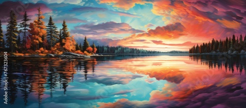 A beautiful painting depicting a serene lake with trees silhouetted against the colorful sunset sky. The calm waters reflect the afterglow of dusk, creating a stunning natural landscape