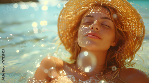 Relaxed woman enjoying sun in a pool, wearing a straw hat, with water sparkles around. © amixstudio