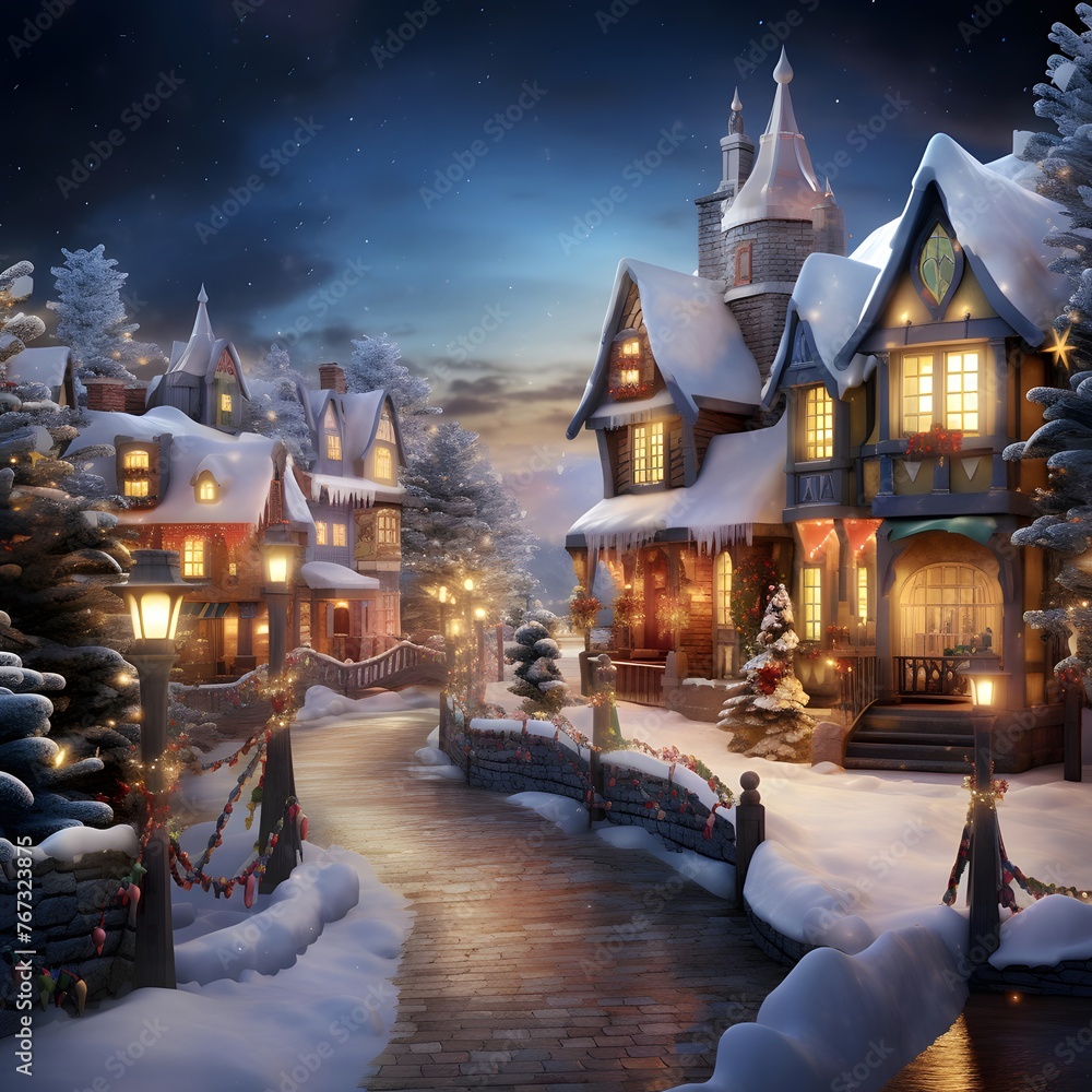Snowy village at night. Christmas and New Year holiday background.