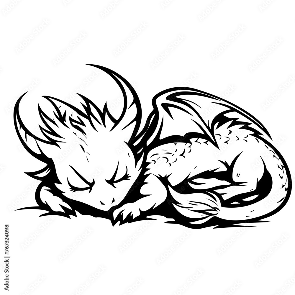 Monochrome Sleeping Dragon Illustration Vector Monochrome Sleeping Dragon Illustration Vector