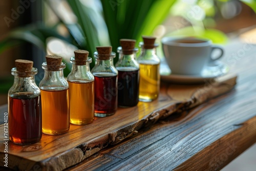 Artisanal coffee syrups on wooden surface beside a fresh cup of coffee