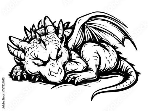 Monochrome Sleeping Dragon Illustration Vector