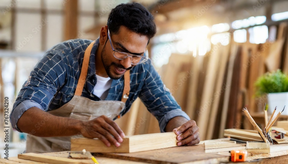 man owner a small furniture business is preparing wood for production. carpenter male is adjust wood to the desired size. architect, designer, Built-in, professional wood, craftsman, workshop man owner a small furniture business is preparing wood for production. carpenter male is adjust wood to the desired size. architect, designer, Built-in, professional wood, craftsman, workshop