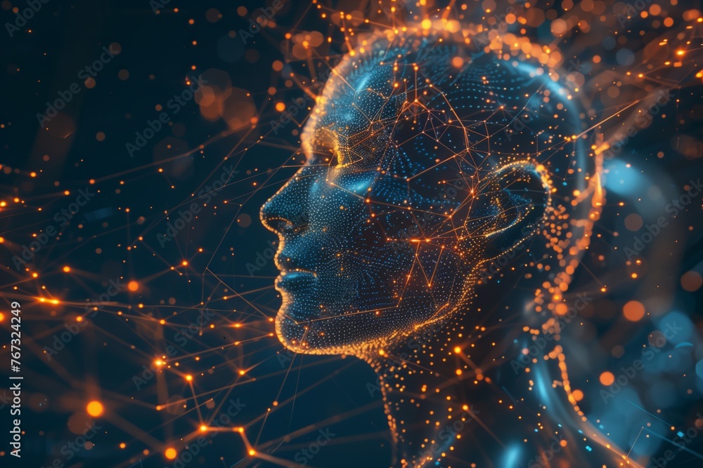 Human head with a glowing brain and futuristic luminescent neural ...