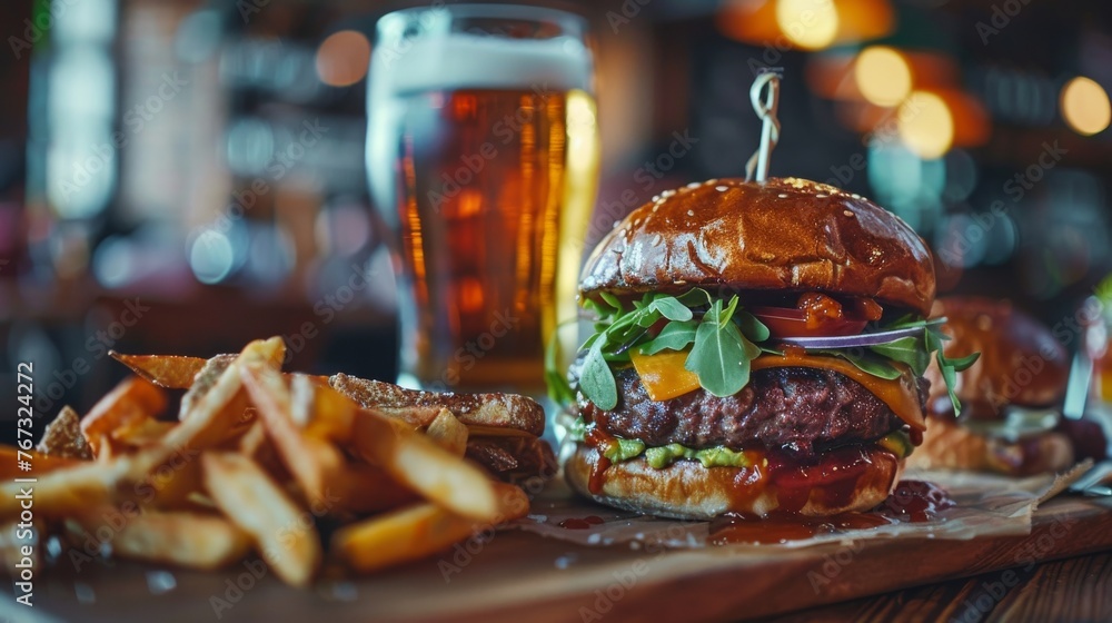 Gourmet avocado burger with golden fries and craft pilsner beer Gourmet avocado burger with golden fries and craft pilsner beer