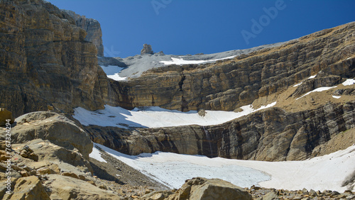 The landscape of the French Pyrenees, view of the mountains with blue sky and the snow