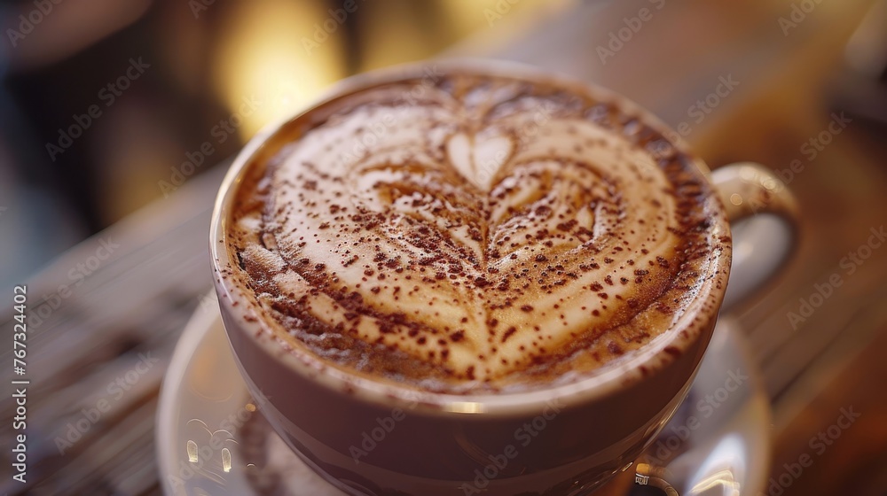 Close-up of a warm cappuccino with heart-shaped foam art Close-up of a warm cappuccino with heart-shaped foam art