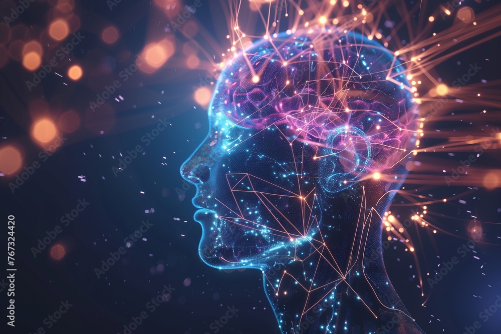 Human head with a glowing brain and futuristic luminescent neural connections and synapses, representing the concept of advanced cognitive function and artificial intelligence. Human head with a glowing brain and futuristic luminescent neural connections and synapses, representing the concept of advanced cognitive function and artificial intelligence.