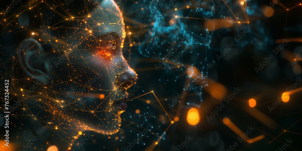 Human head with a glowing brain and futuristic luminescent neural ...
