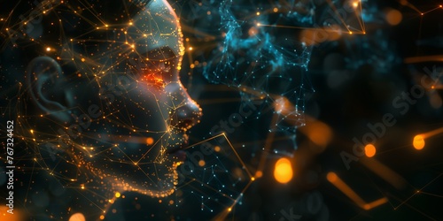 Human head with a glowing brain and futuristic luminescent neural connections and synapses, representing the concept of advanced cognitive function and artificial intelligence. photo