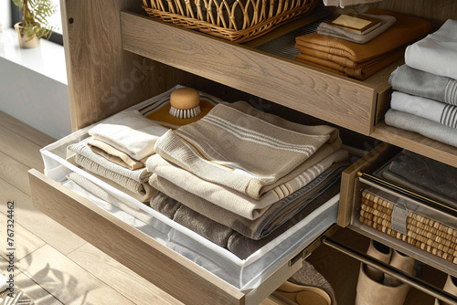 Photo of a universal organizer built into a closet, located on shelves in the closet. The organizer has a modern design with smooth surfaces and minimalist details.