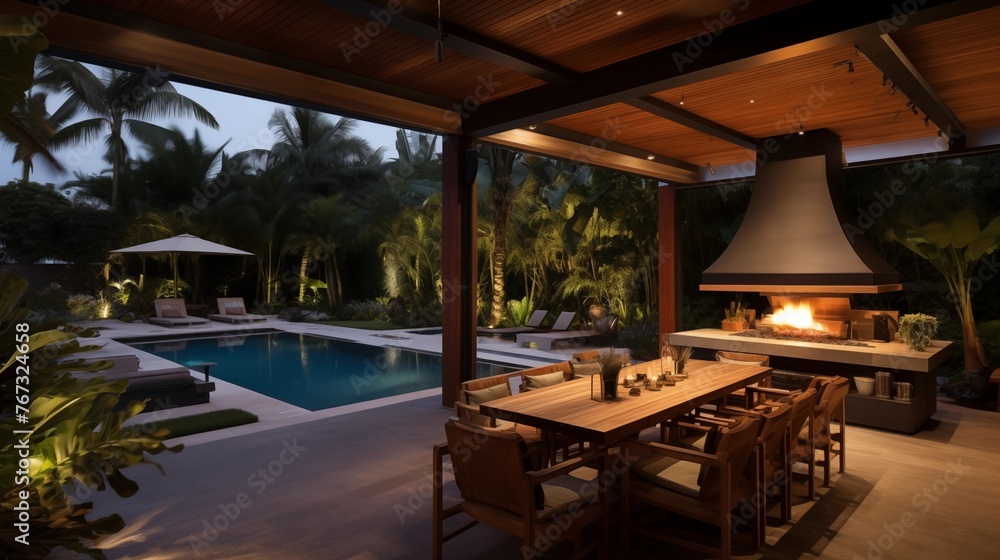 Fototapeta premium Indoor/outdoor living pavilion with retractable glass walls wood burning fireplace and seamless integration to tropical backyard.