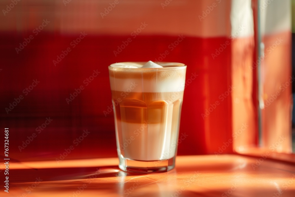 Delicious creamy latte in a transparent glass with colorful reflections Delicious creamy latte in a transparent glass with colorful reflections