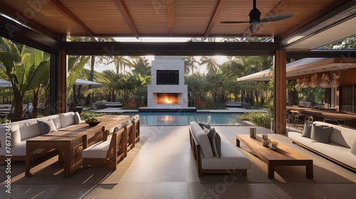 Indoor/outdoor living pavilion with retractable glass walls wood burning fireplace and seamless integration to tropical backyard.
