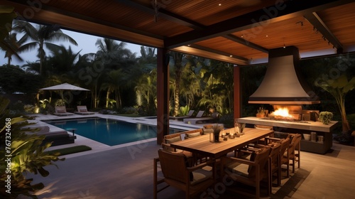 Indoor/outdoor living pavilion with retractable glass walls wood burning fireplace and seamless integration to tropical backyard. © Aeman