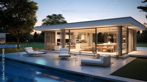 Indoor/outdoor living pavilion with movable glass walls and folding patio access to pool and gardens. photo