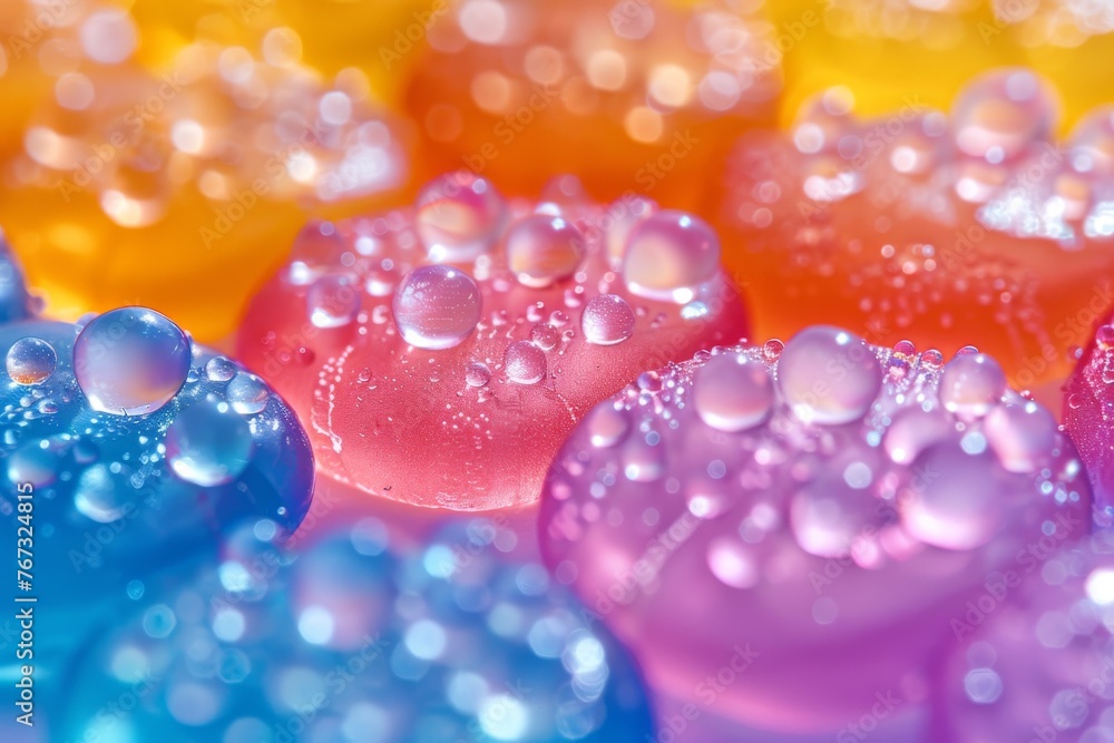 Close-up of colorful jelly candies with water drops, vibrant sweet background