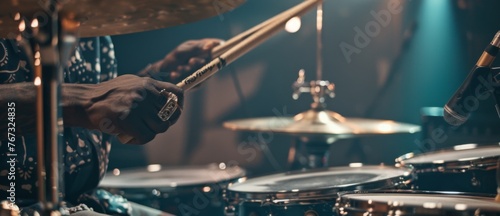 Close-up shot with musician playing the drum kit photo