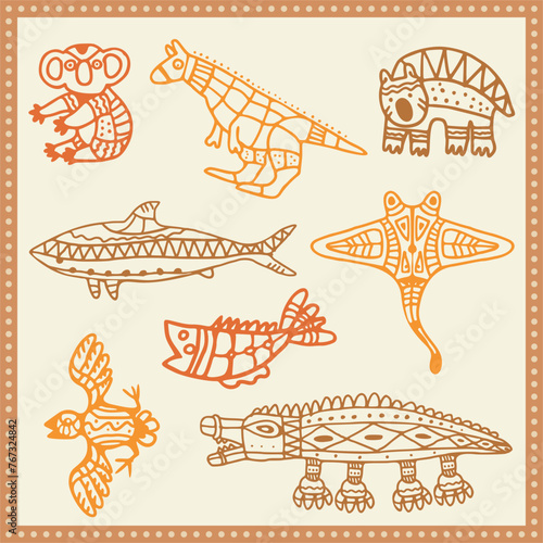 Vector tribal animals set in Australian aboriginal style.