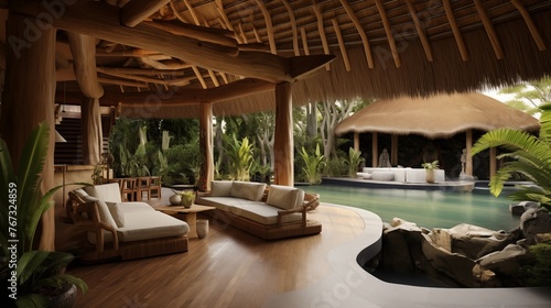 Indoor outdoor tropical living pavilion with soaring thatched wood ceilings carved wood posts lush landscaping and infinity pool.