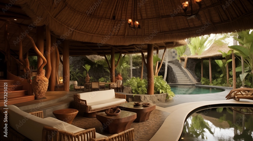 Indoor/outdoor tropical living pavilion with soaring thatched wood ceilings carved wood posts lush landscaping and infinity pool.