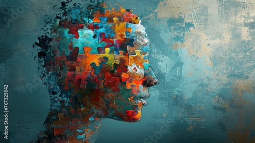 A adult male human head look at side view in the contemplation that has been created from the scattered and uncompleted colourful jigsaw puzzles by gather them in form of the male human head. AIGX03.