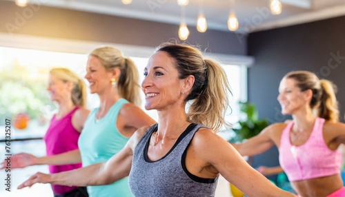  Middle-aged women enjoying a joyful dance class, candidly expressing their active lifestyle through Zumba with friends