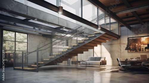 Industrial chic garage loft conversion with raw concrete ceiling suspended glass walkway and custom steel and wood staircase.