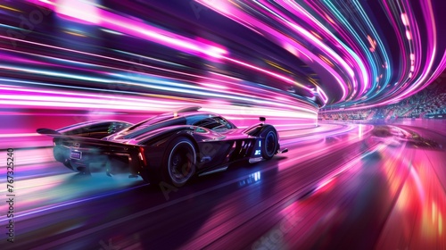 High-speed racing with a detailed image of a fast car zooming past  surrounded by streaks of neon light