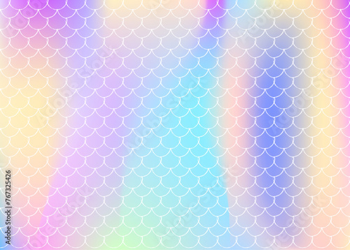 Mermaid scales background with holographic gradient. Bright color transitions. Fish tail banner and invitation. Underwater and sea pattern for girlie party. Rainbow backdrop with mermaid scales.