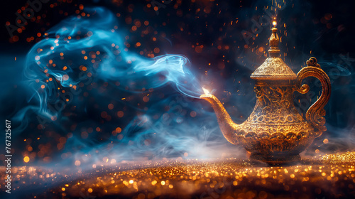 Aladdins mysterious lamp with glowing fire and smoke on magical background