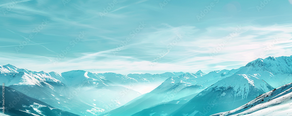 A high mountain vista blanketed in snow, distant peaks softened and blurred, with generous copy space in the sky.